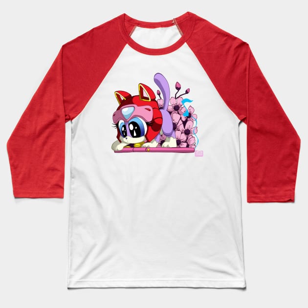 Samurai Pizza Kitten- Polly Baseball T-Shirt by Happy Bitey Snake